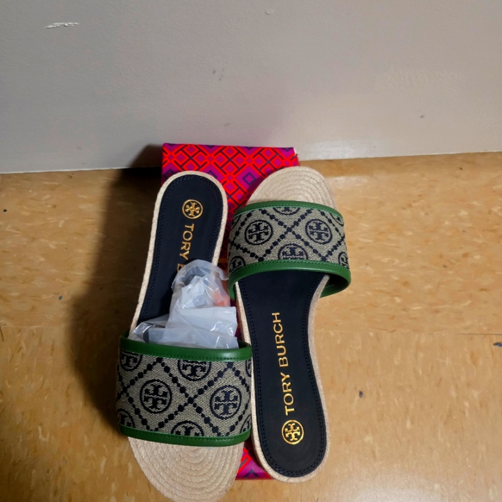 Tory Burch Green and navy Slides